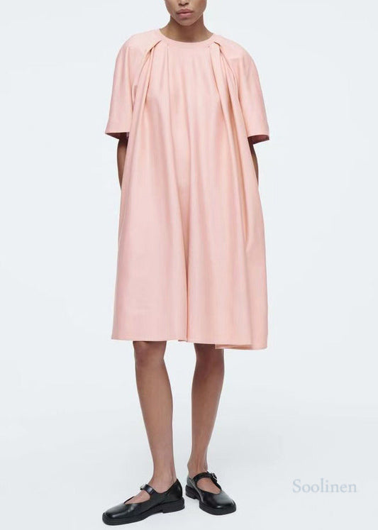 Diy Pink O-neck Oversized Cotton Tea Dress Summer