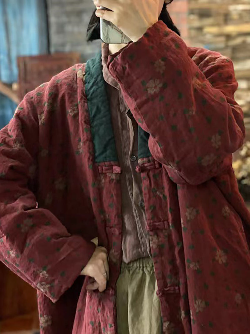 Print Washed Linen Padded Coat