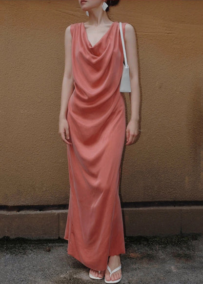 Orange Lace Up Silk Long Dresses Sleeveless