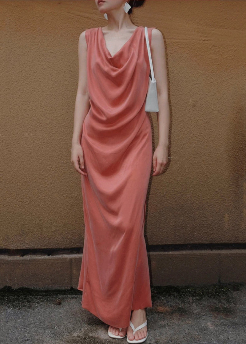 Orange Lace Up Silk Long Dresses Sleeveless