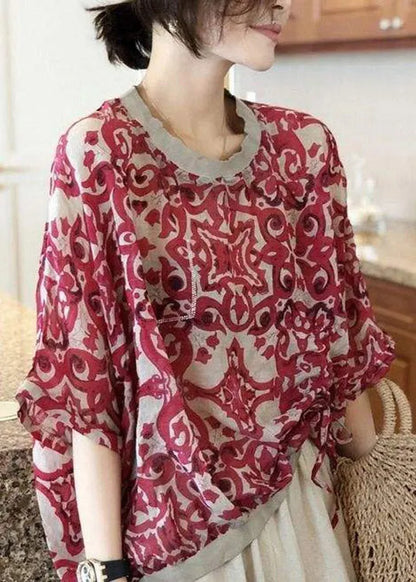 Red O-neck Print Chiffon Top Long Sleeve