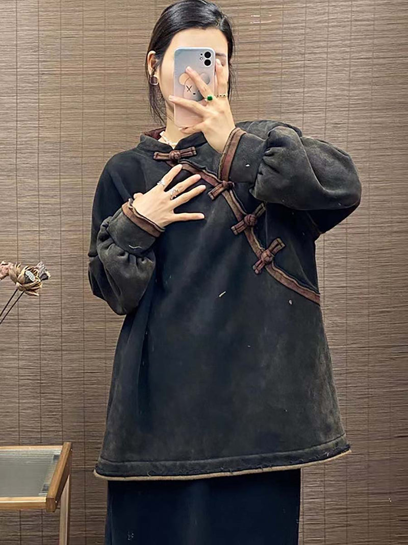Chinese Button Worn Thick Sweatshirt