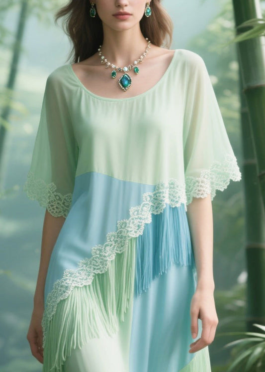Light Green Tasseled Patchwork Lace Tulle Long Dresses Summer