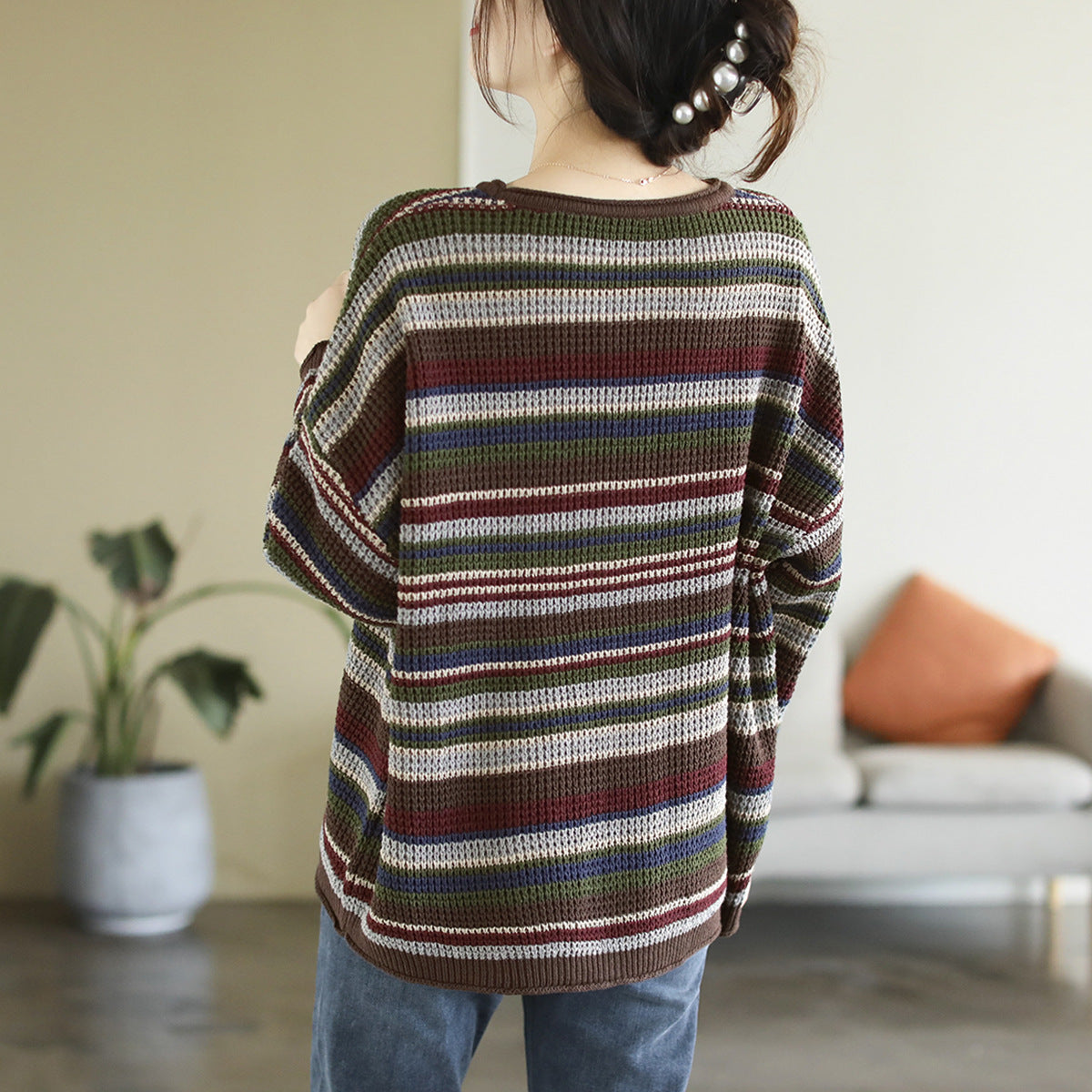 Colorful Red Striped Cotton Knitted Sweater