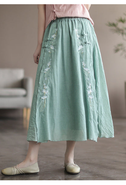 Double Cotton Linen Embroidered Buckle A-line Skirt