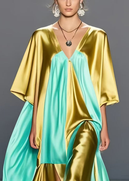 Grass Green Asymmetrical Patchwork Silk Maxi Dresses Summer