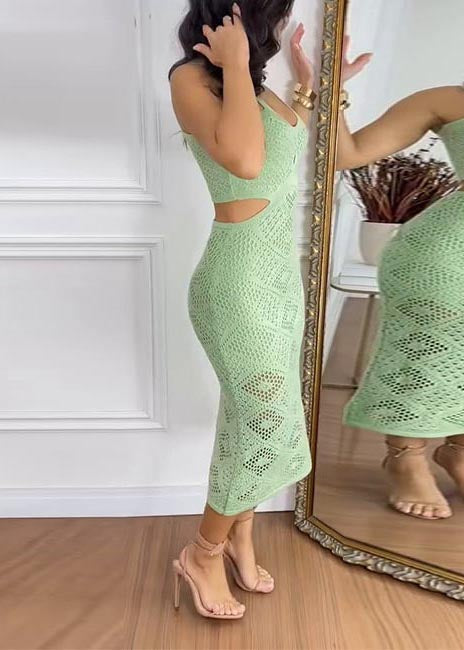 Green Hollow Out Cold Waist Knit Holiday Dress Summer