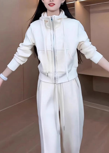 Loose White Hooded Zippered Coat and Pants Cotton Two Pieces Set Fall