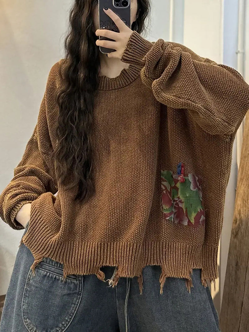 Knitted Patch Designs Irreagular Hem Sweater