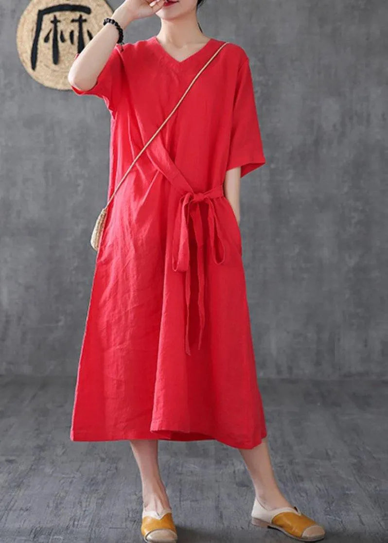 Unique Red Linen Clothes V Neck Maxi Dress