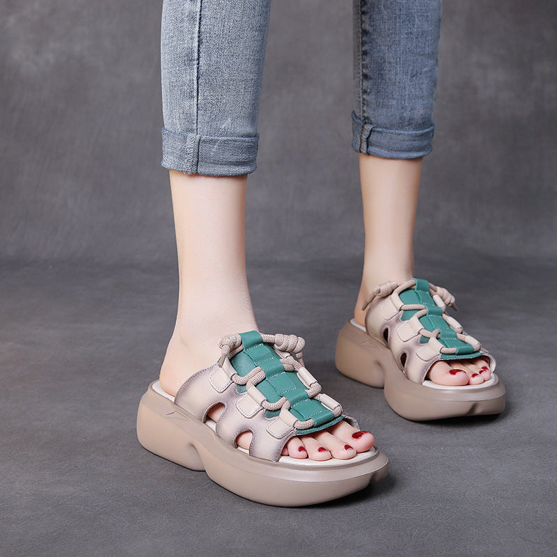 Retro Leather Wedge Slippers