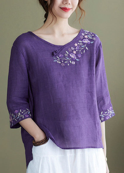 Diy Purple Embroidered Side Open Half Sleeve Top