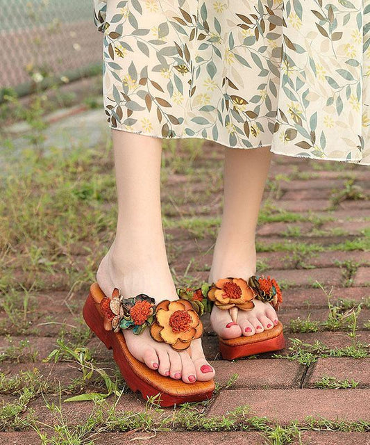 Wedge Thong Sandals Orange Cowhide Leather Flip Flops