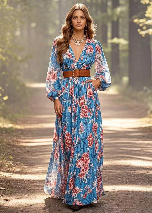 Art Blue Cinched Cotton Ankle Dress Spring