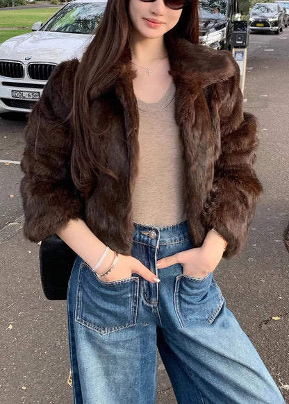 Boutique Coffee Peter Pan Collar Leather and Fur Jackets Spring