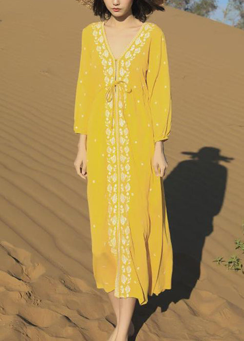 Yellow Embroidered Lace Up Cotton Long Dresses Bracelet Sleeve