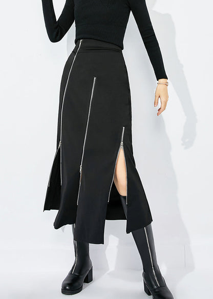 Slim Fit Black High Waist Zippered Side Open a Line Skirt Summer