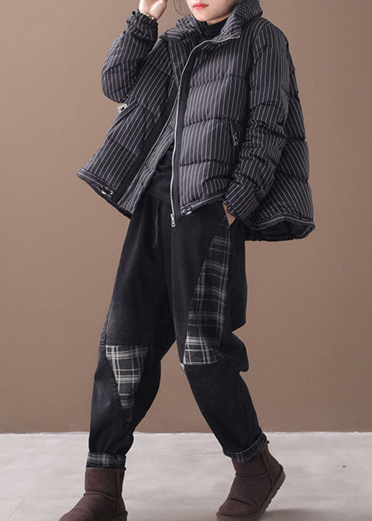 Diy Black Striped Zippered Button Winter Duck Down Coats