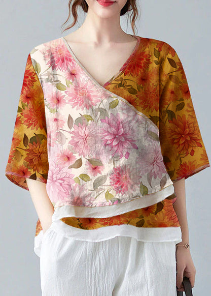 French Yellow V Neck Asymmetrical Design Shirt Spring