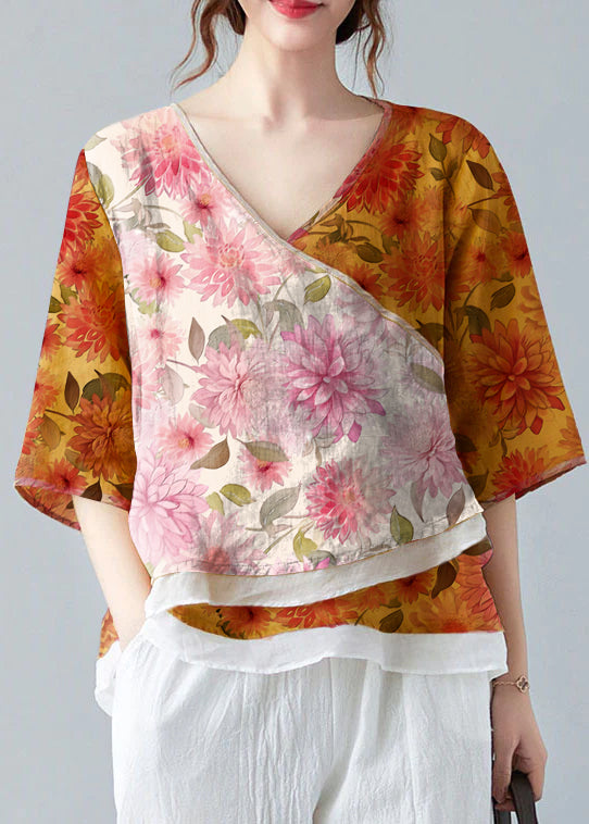 French Yellow V Neck Asymmetrical Design Shirt Spring