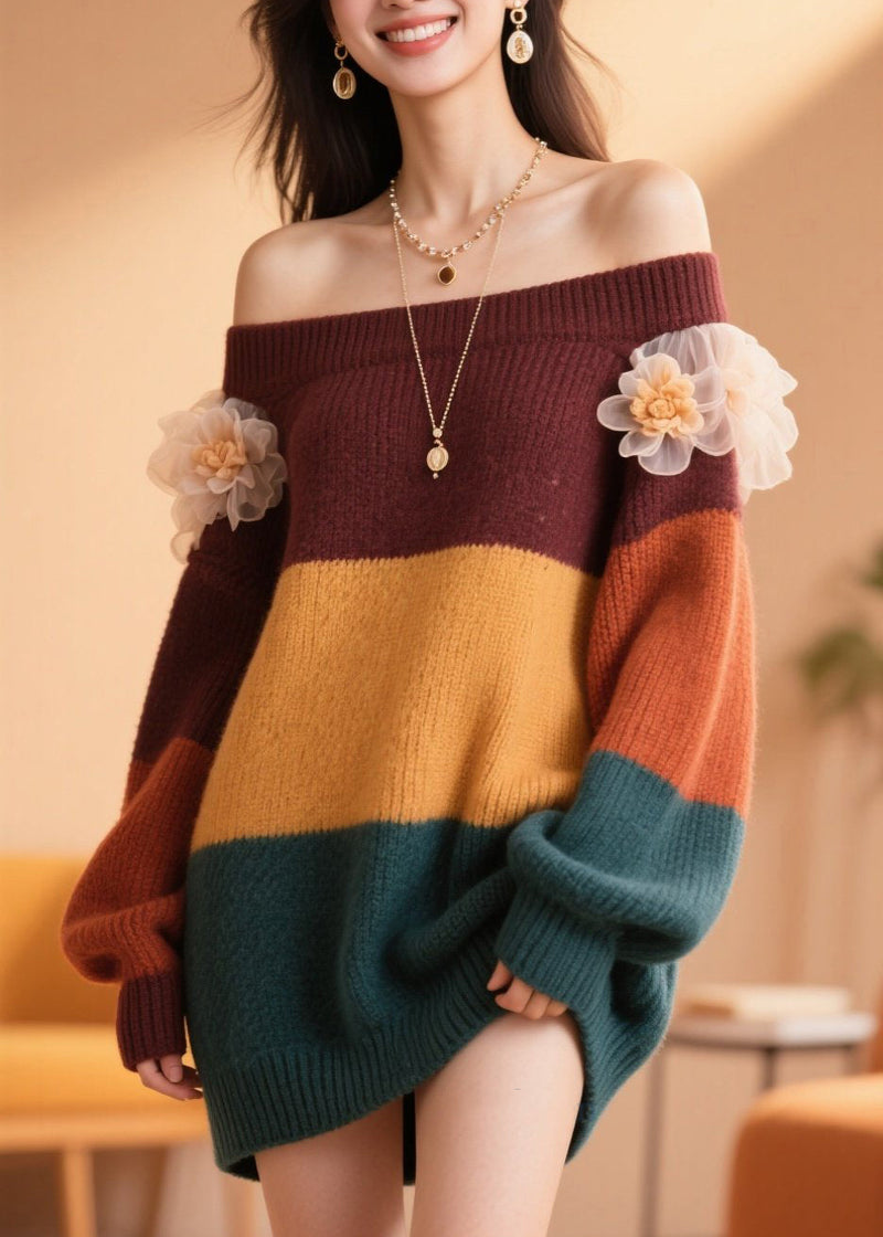 Handmade Colorblock Cold Shoulder Patchwork Knit Sweater Fall