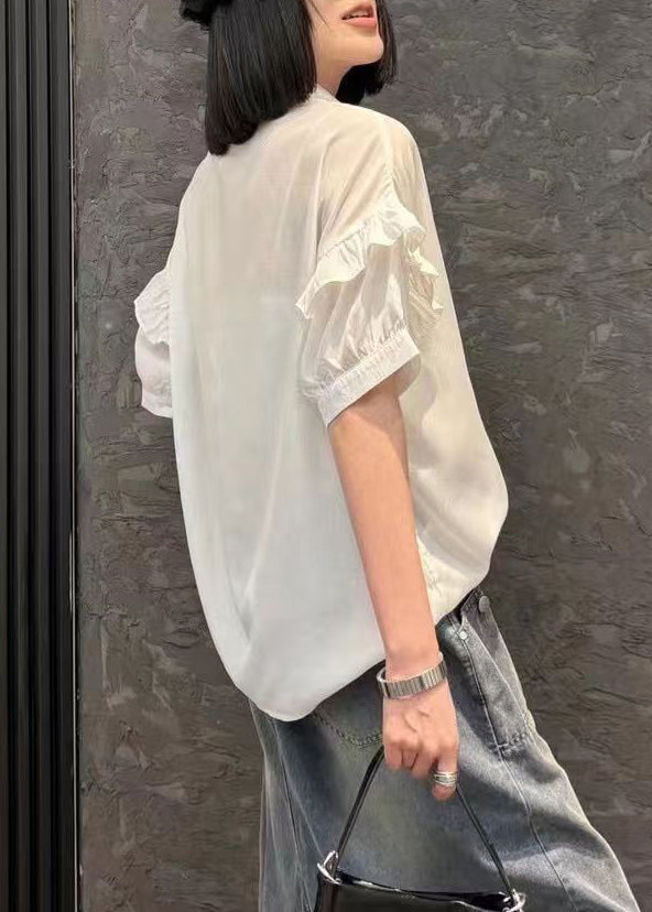 Modern White Peter Pan Collar Shirts and Denim Skirts Two Pieces Set Short Sleeve