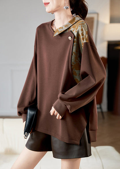 Loose Coffee O-neck Print Side Open Sweatshirts Spring