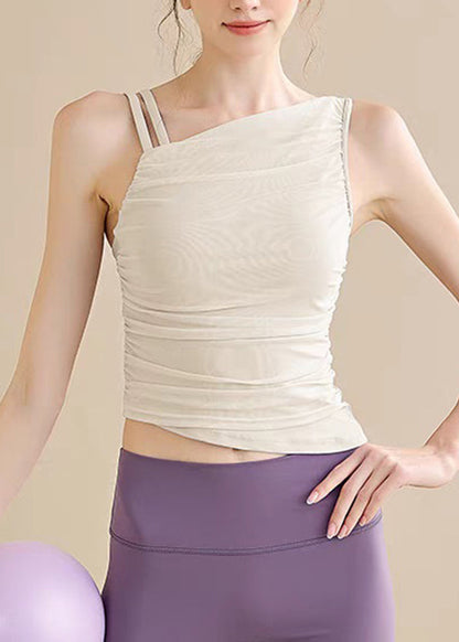Pink Cold Shoulder Asymmetrical Tulle Yoga Tops Sleeveless