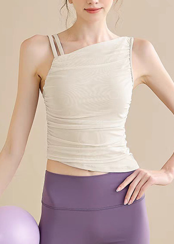 Pink Cold Shoulder Asymmetrical Tulle Yoga Tops Sleeveless