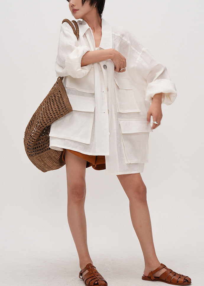 White Oversized Pockets Cotton Shirt Top Summer