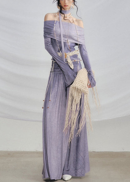 Coffee Slash Neck Print Wrinkled Knitting Cotton Long Dress Flare Sleeve