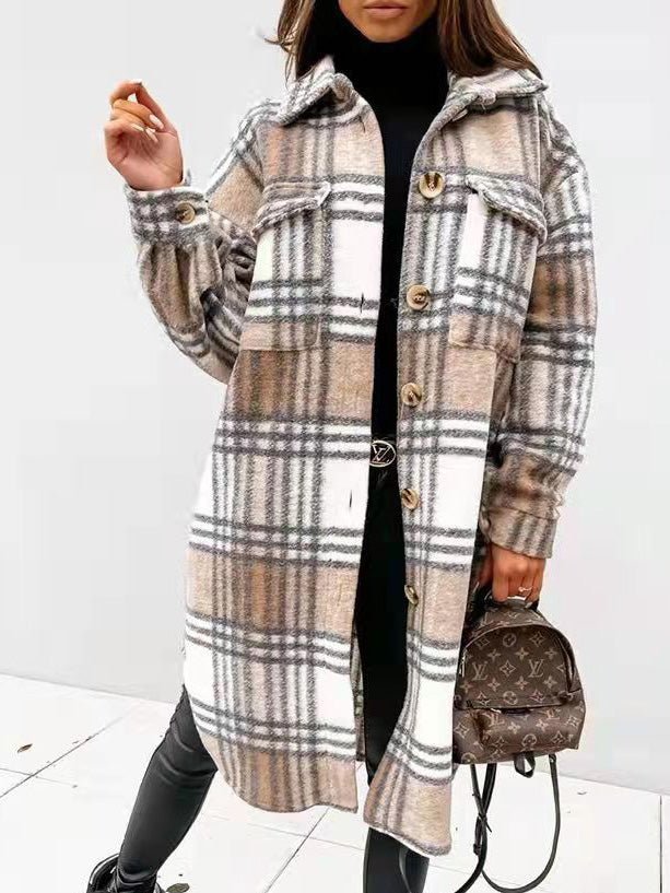 Coats Single Breasted Plaid Brushed Mid Length Wool Coat