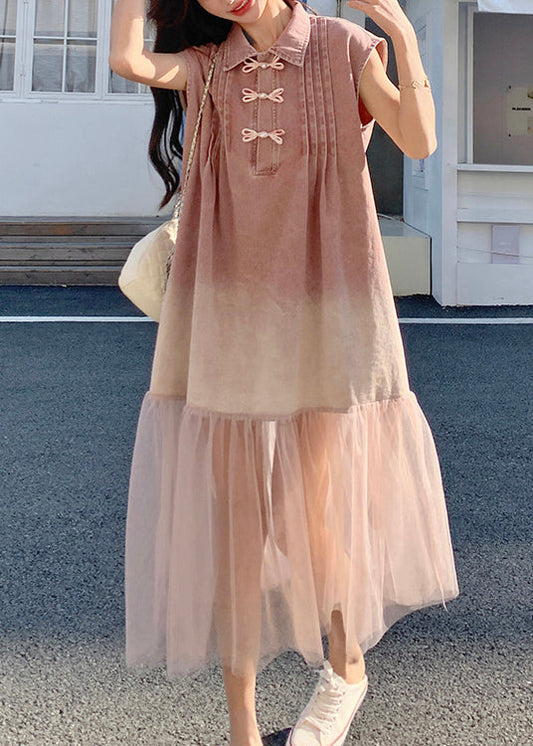 Summer Retro Pink Gradient Tulle Splicing Denim Shirt Skirt Dress