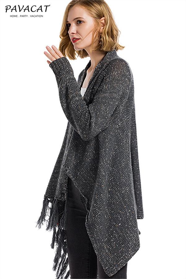 Tassel Asymmetrical Hem Shawl Speckled Fringe Cardigan - Green