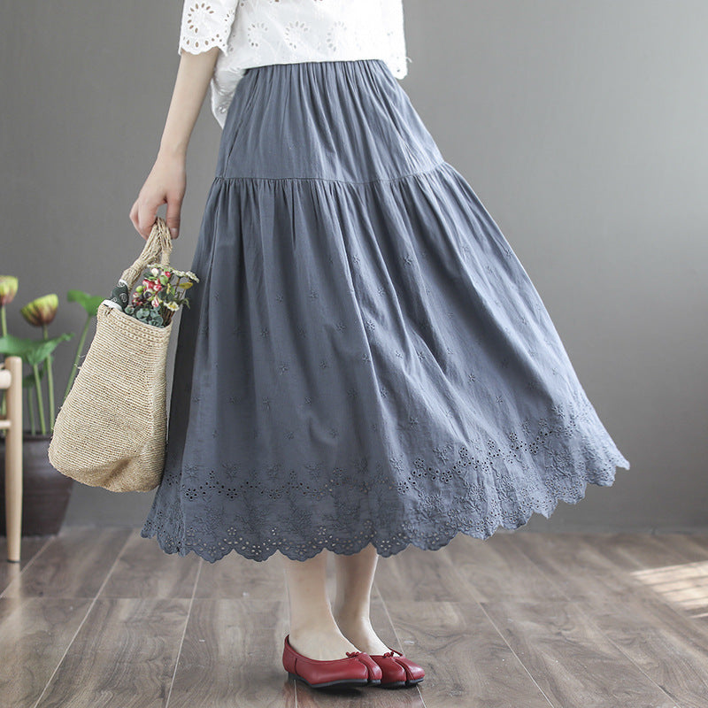 Cozy Retro Linen Loose Hollow Pleated Skirt