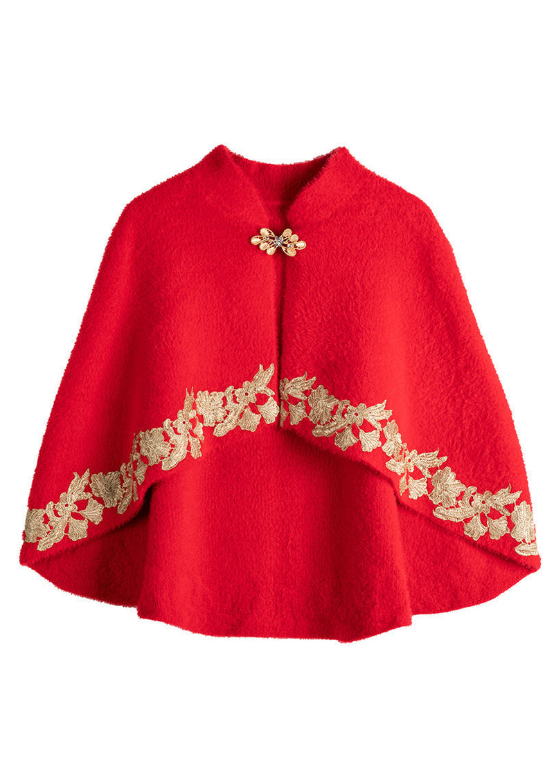 Classy Red Stand Collar Embroidered Patchwork Mink Velvet Coats Fall