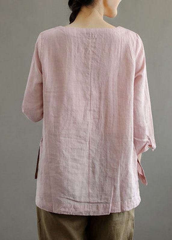 Pink O-neck Button Embroideried Fall Linen Long Sleeve Top