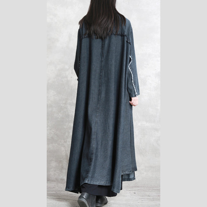 Black Winter Coat Oversized Notched Pockets Long Sleeve Denim Patchwork Long Coats