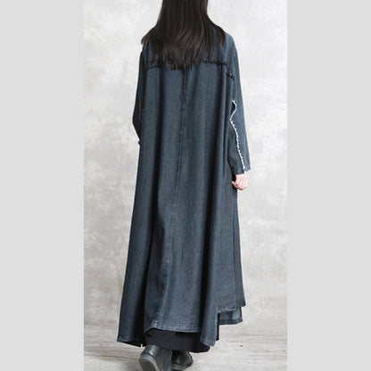 Black Winter Coat Oversized Notched Pockets Long Sleeve Denim Patchwork Long Coats