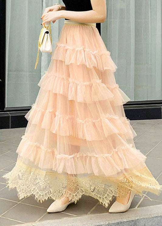 Apricot Wrinkled Lace Patchwork Tulle Skirts Spring
