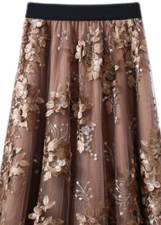Unique Chocolate Embroideried High Waist Tulle Skirt Summer