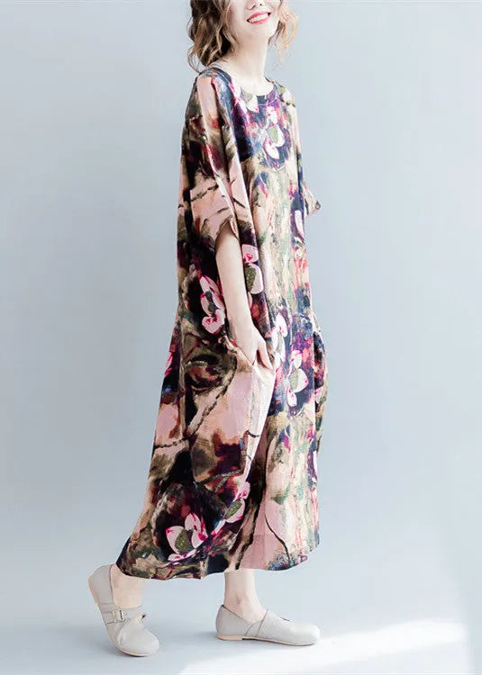 Fine Pink Prints Linen Dresses O Neck Linen Maxi Dress Fine Short Sleeve Linen Caftans