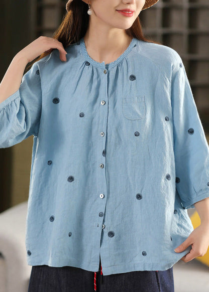 Black Embroidered Button Linen Blouse Top Summer