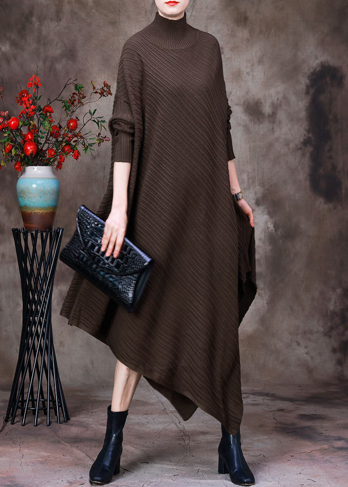 Loose Coffee Turtleneck Asymmetrical Knit Dresses Long Sleeve