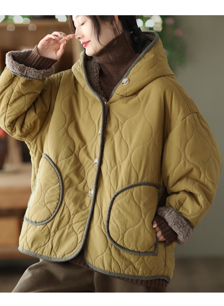 Hooded Thickened Diamond Sherpa Wool Thermal Jacket