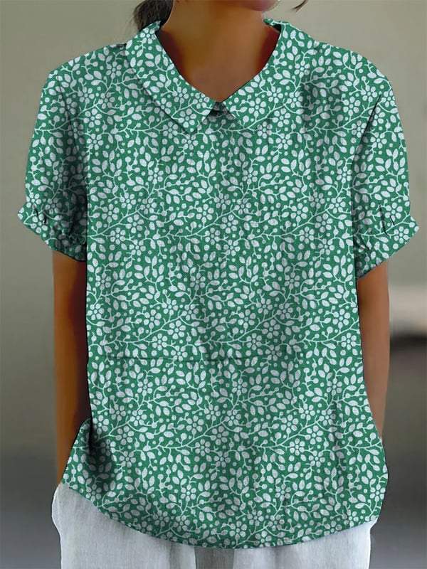 Women's Small Green Flowers Print Casual Cotton And Linen Shirt