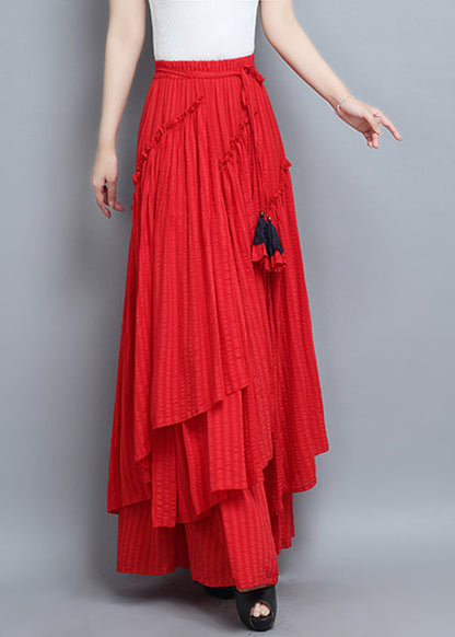Red Asymmetrical Tie Waist Pleated Skirt