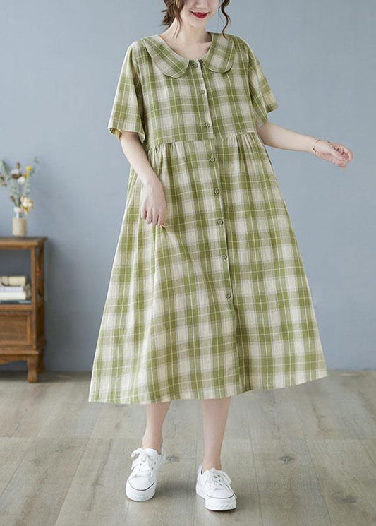 Green Plaid Peter Pan Collar Button Summer Party Dress Half Sleeve
