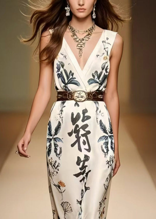 White Cinched Print Silk Dress Sleeveless