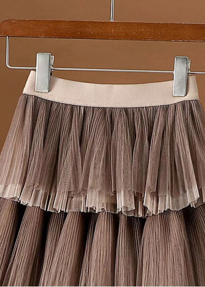 Coffee Wrinkled Layered Elastic Waist Tulle Skirt Spring